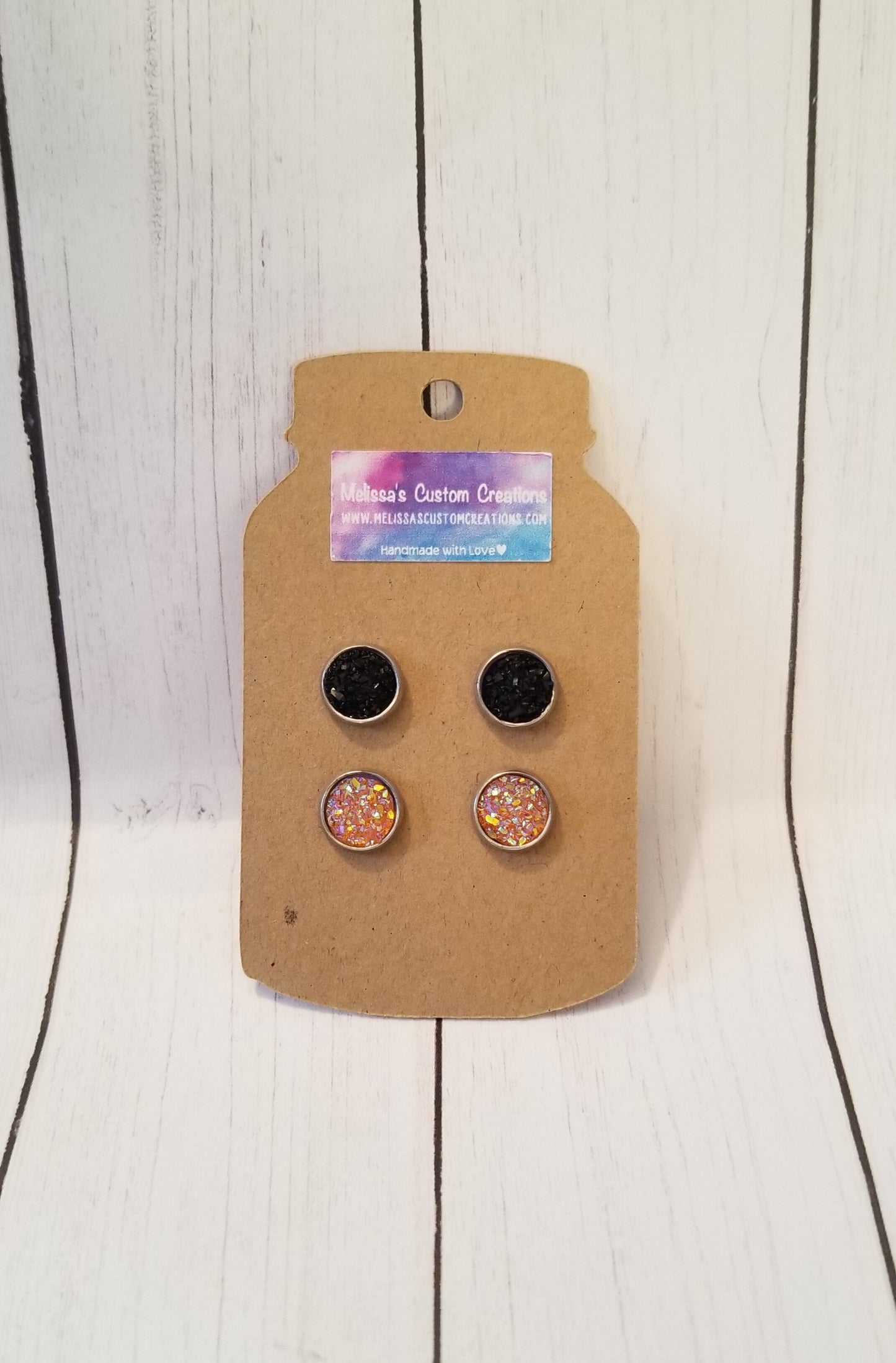Black and Orange Druzy Stud Earrings (READY TO SHIP)