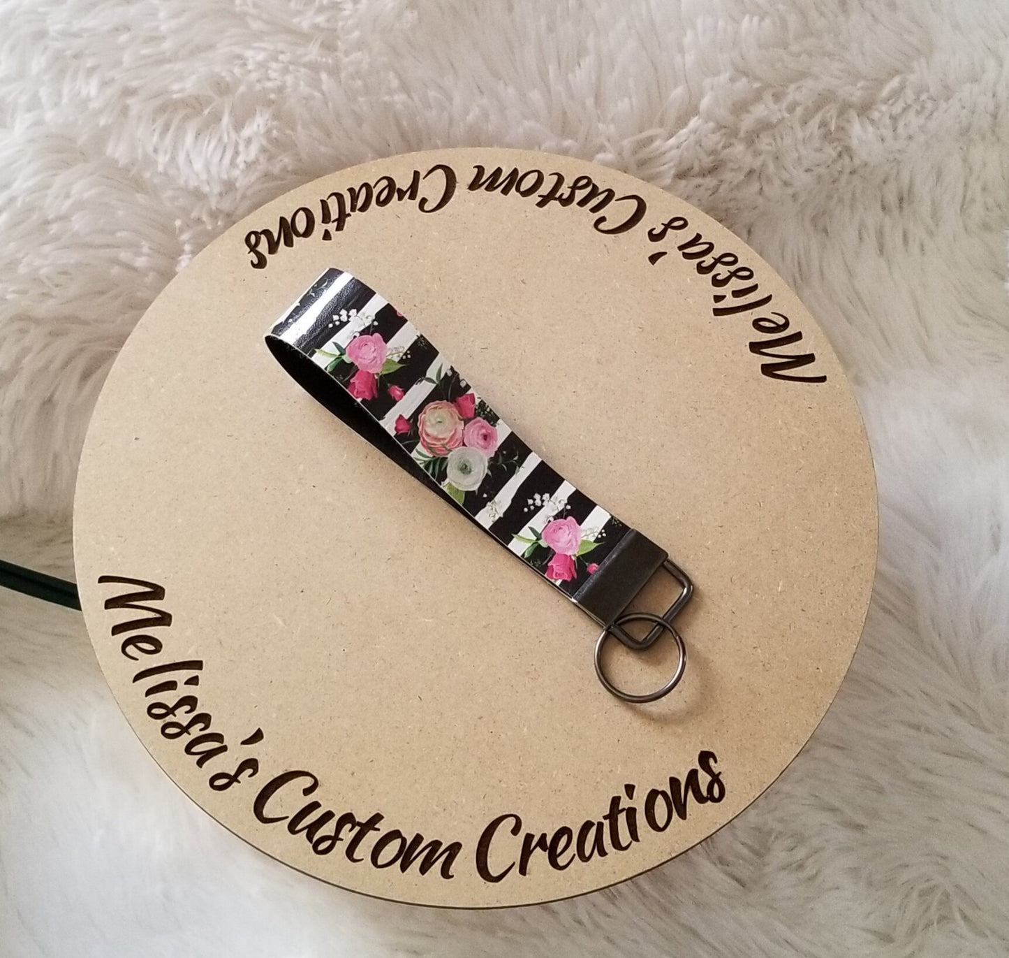 Black Stripes Floral Faux Leather Keychain Wristlet (READY TO SHIP)