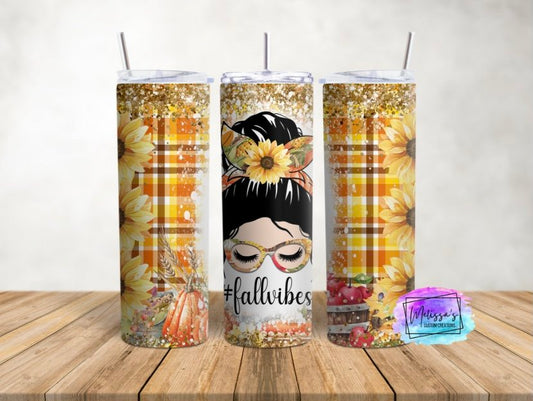 Fall Vibes Messy Bun Sunflower Tumbler