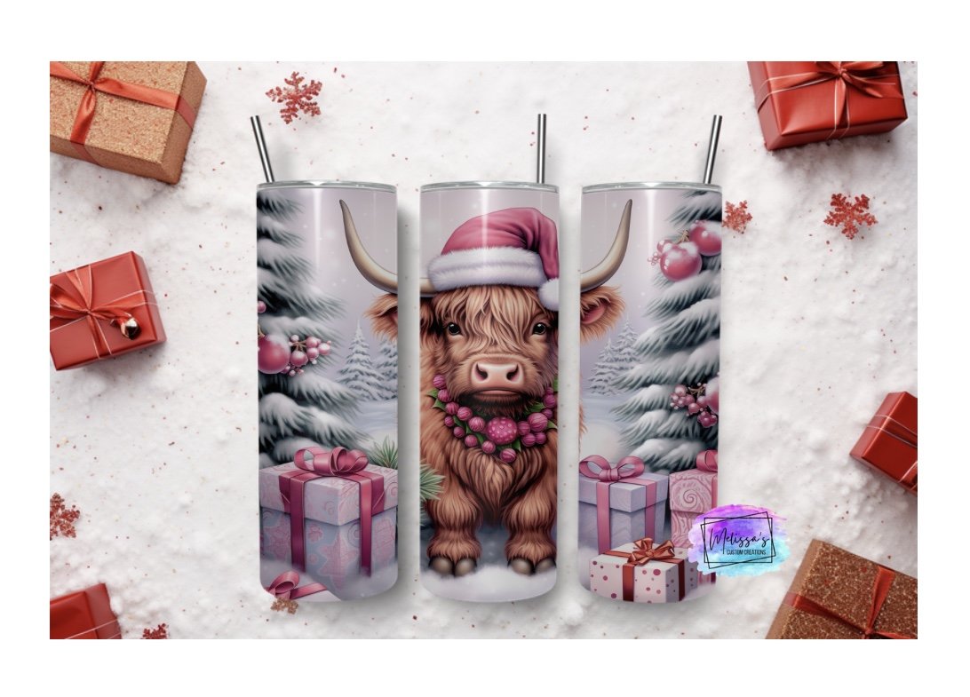 Pink Christmas Highland Cow Tumbler
