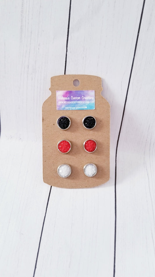 Black, Red, and White Druzy Stud Earrings (READY TO SHIP)