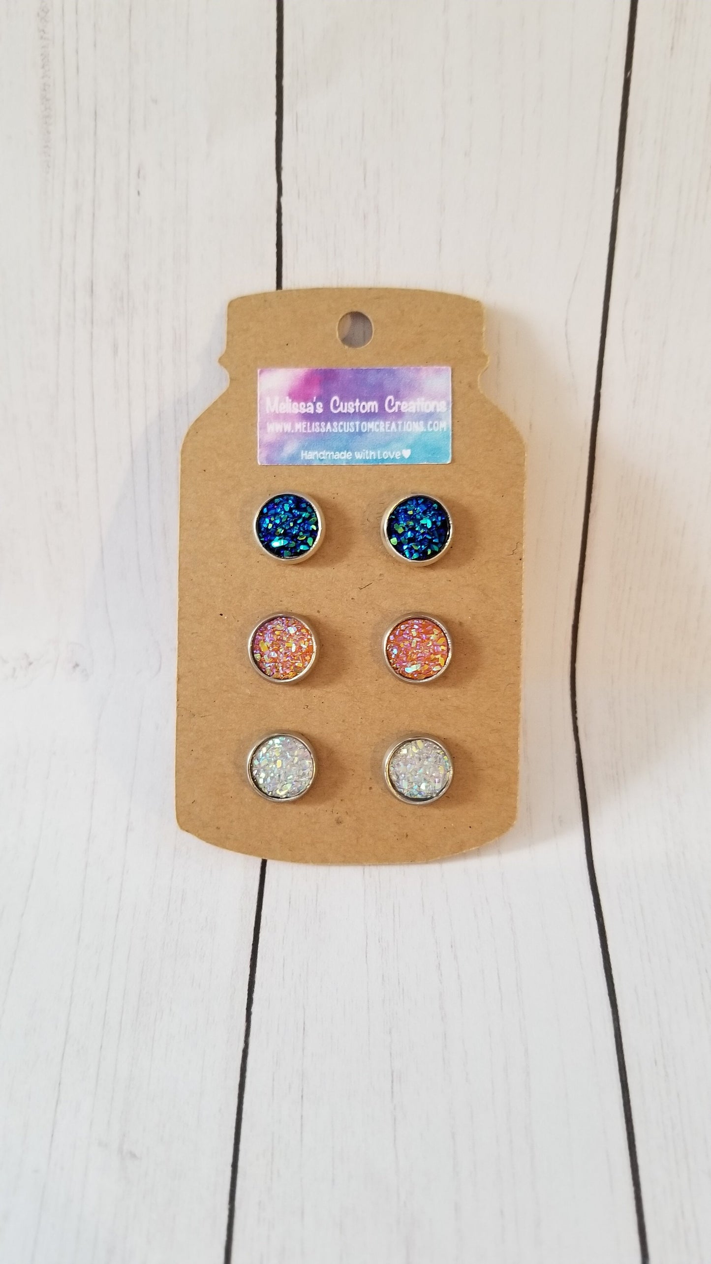Blue, Orange, and White Druzy Stud Earrings (READY TO SHIP)
