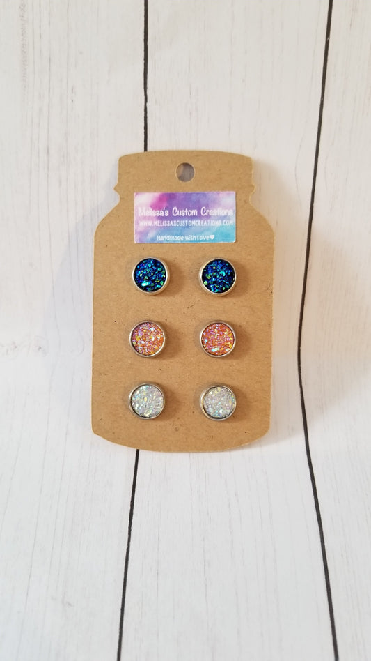 Blue, Orange, and White Druzy Stud Earrings (READY TO SHIP)