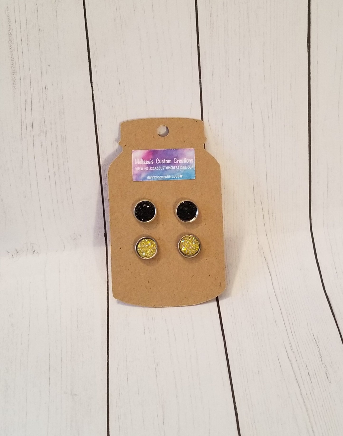 Black and Yellow Gold Druzy Stud Earrings (READY TO SHIP)