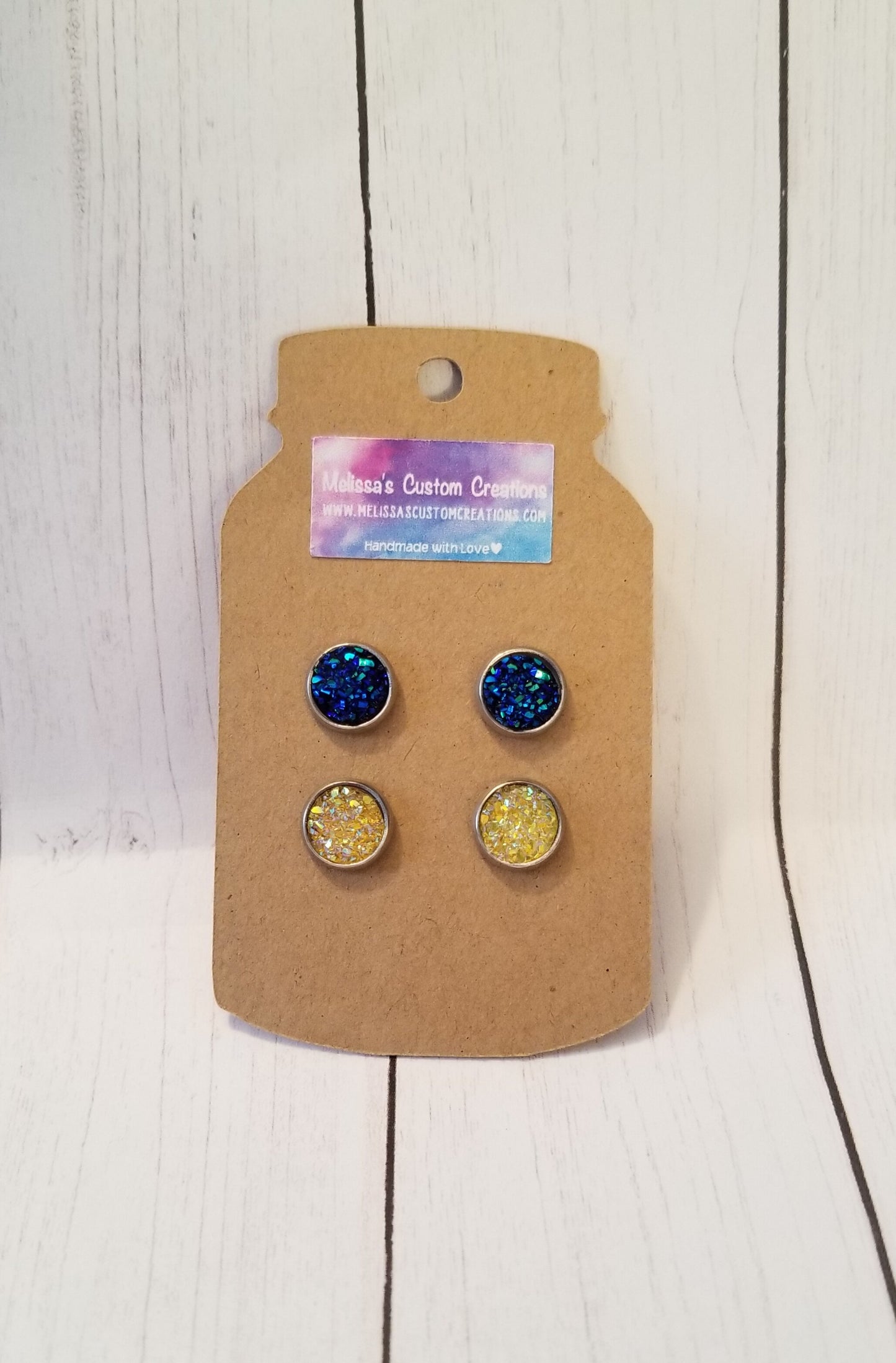 Blue and Yellow Druzy Stud Earrings (READY TO SHIP)