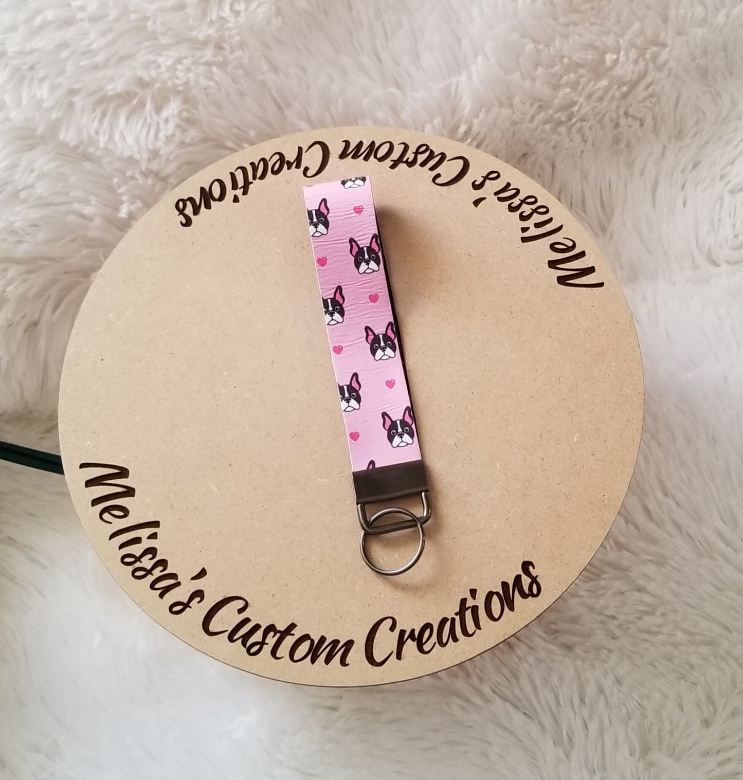 Boston Terrier Faux Leather Keychain Wristlet (READY TO SHIP)