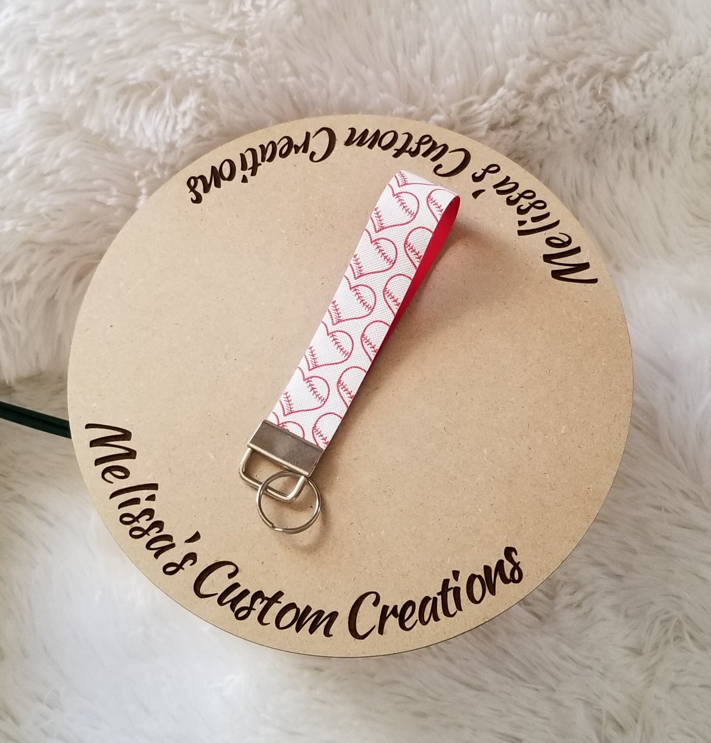 Baseball Hearts Faux Leather Keychain Wristlet (READY TO SHIP)