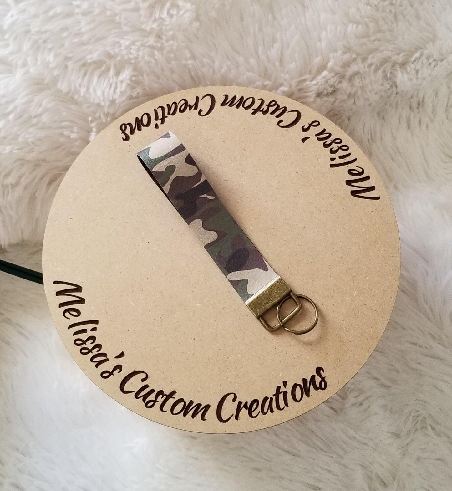 Green Camo Faux Leather Keychain Wristlet (READY TO SHIP)