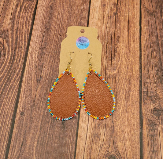 Beaded Faux Leather Teardrop Earrings (READY TO SHIP)