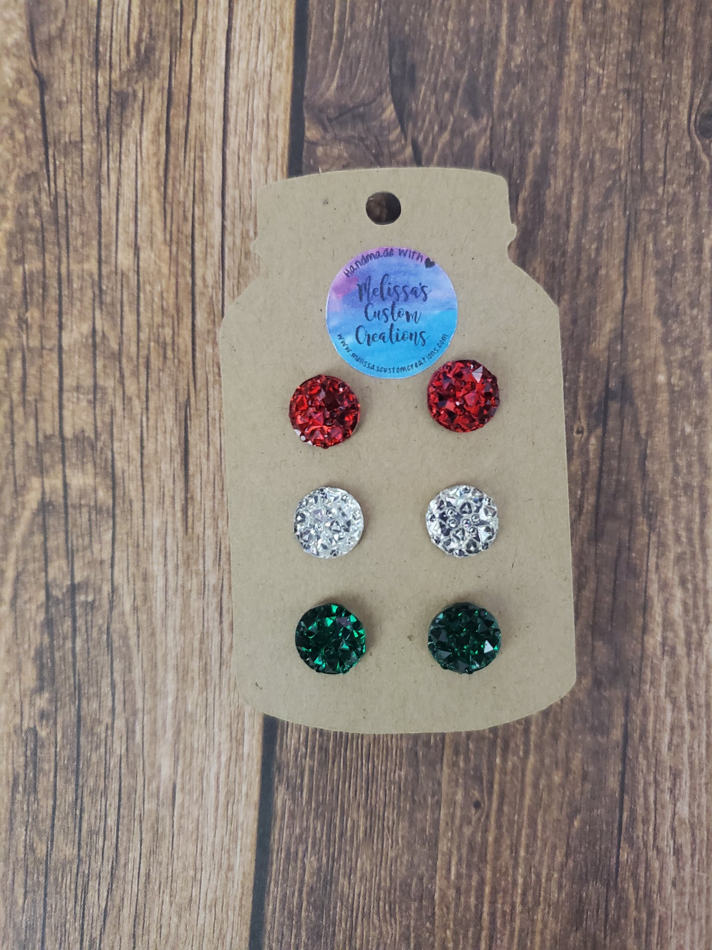 Red, White, & Green Druzy Stud Earrings (READY TO SHIP)