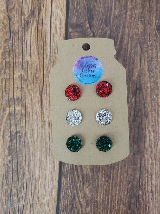 Red, White, & Green Druzy Stud Earrings (READY TO SHIP)