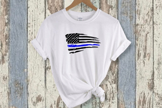 Thin Blue Line Distressed American Flag T-Shirt