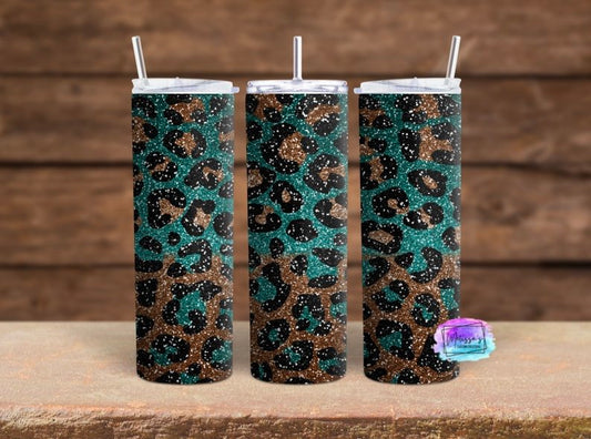 Turquoise Glitter Leopard Tumbler