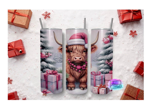 Pink Christmas Highland Cow Tumbler