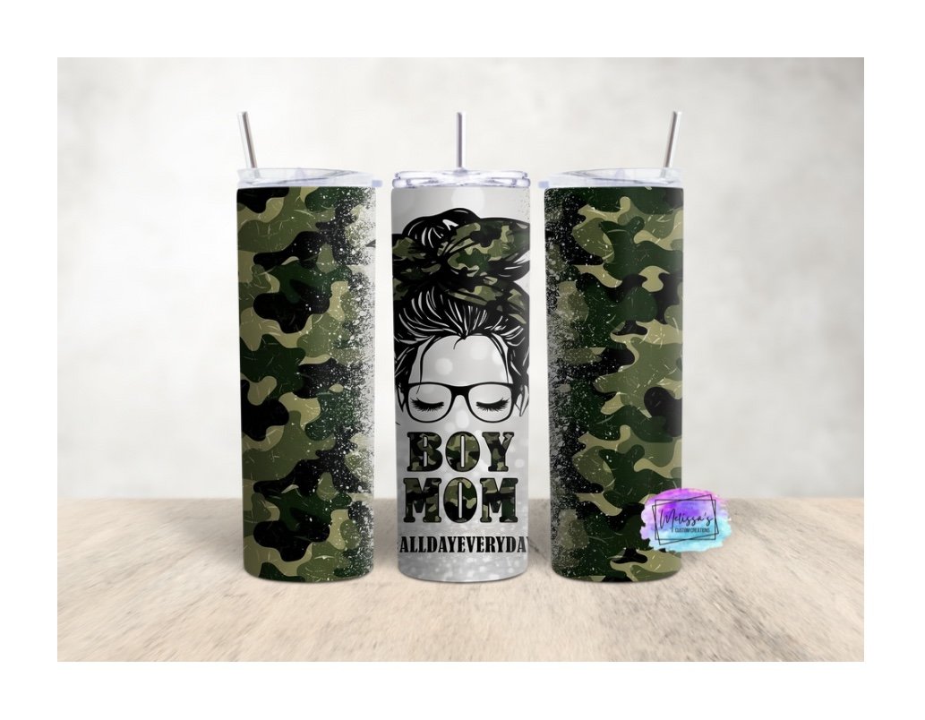 Camo Boy Mom Messy Bun Tumbler