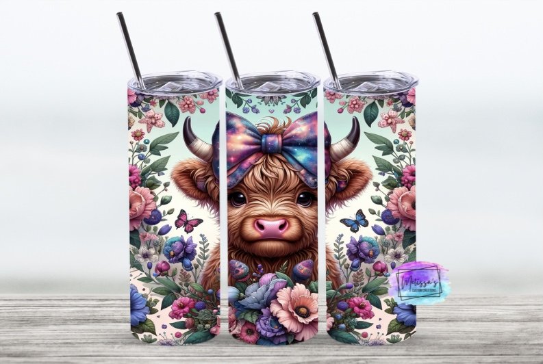 Floral Highland Cow Tumbler