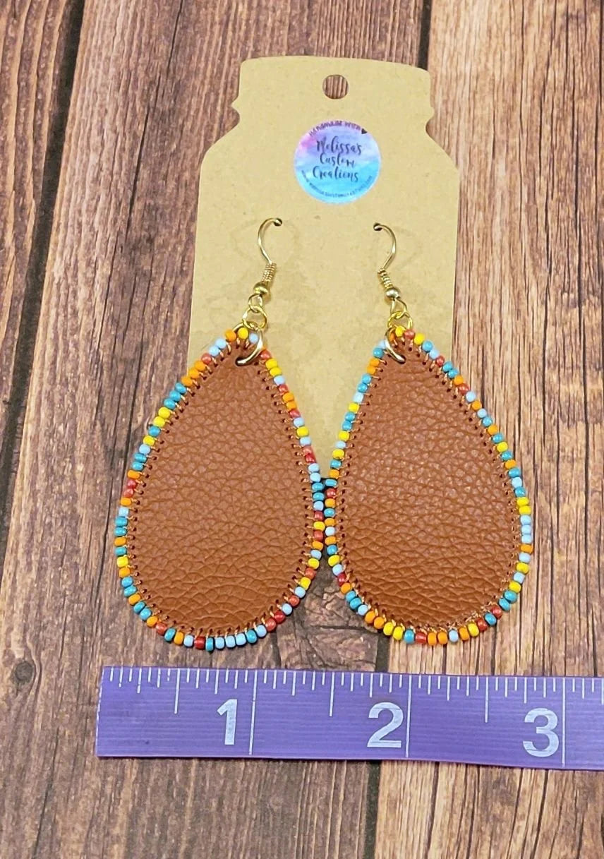 Beaded Faux Leather Teardrop Earrings (READY TO SHIP)