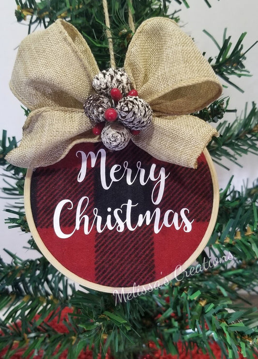 Buffalo Plaid Embroidery Hoop Ornament (READY TO SHIP)